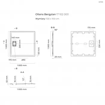 Brodzik z konglomeratu Oltens Bergytan 100x100cm - kwadratowy, RockSurface, biały - 17102000